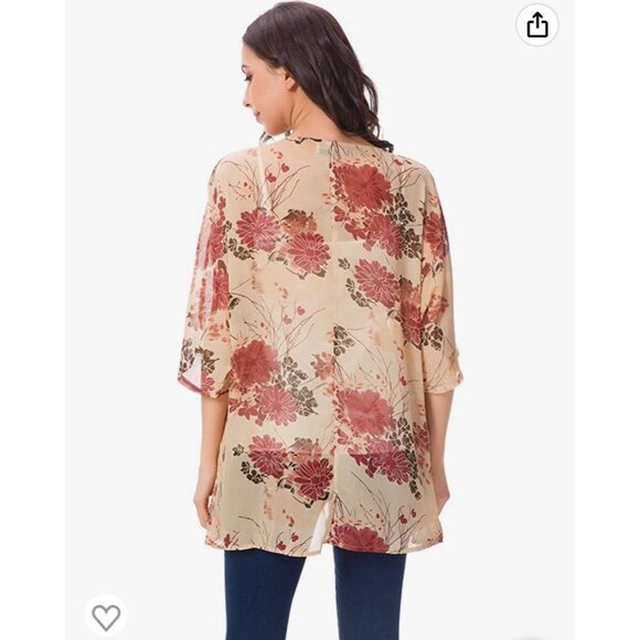🌸3/$15🌸Beige Floral Sheer Short Sleeve Kimono with Dusty Roses sz Large - Picture 4 of 5